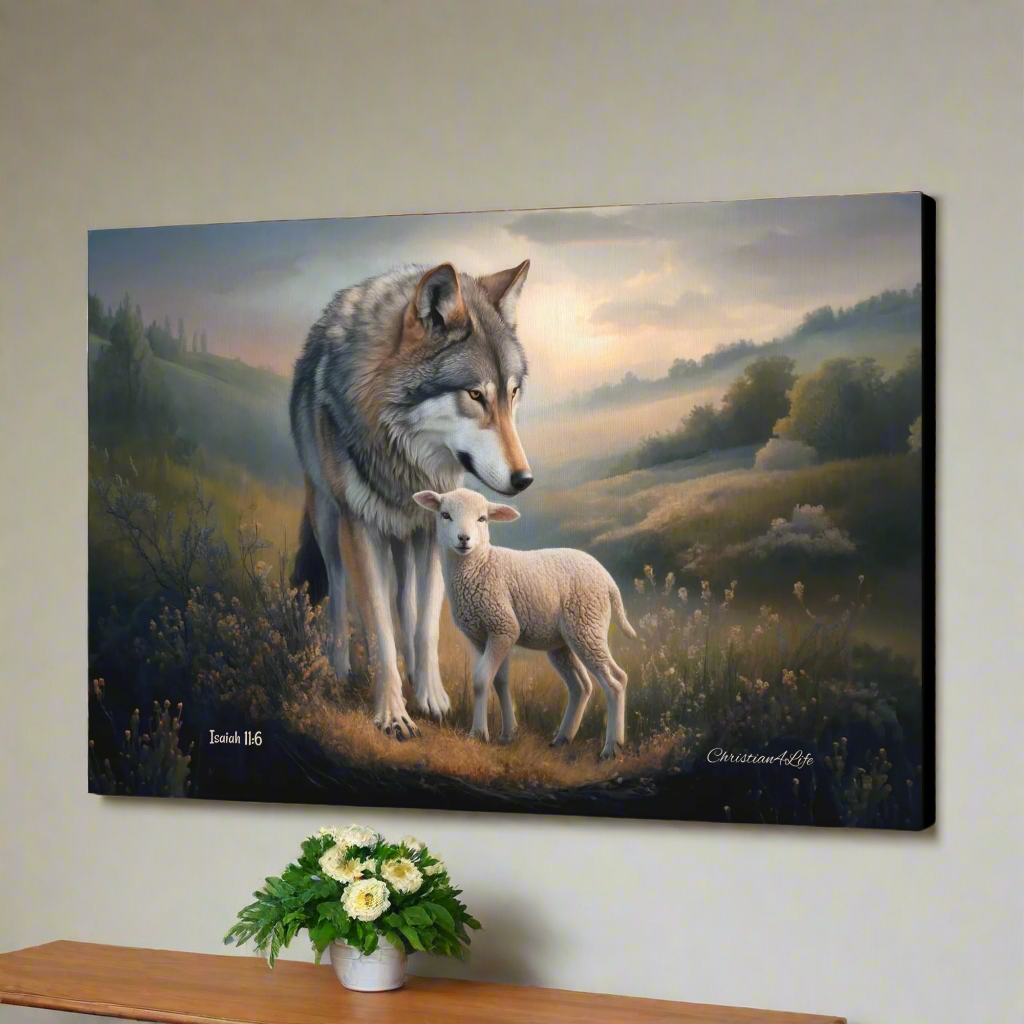 Painting of a wolf and a lamb standing together in a scenic landscape on a wall above a wooden shelf with a vase of flowers.