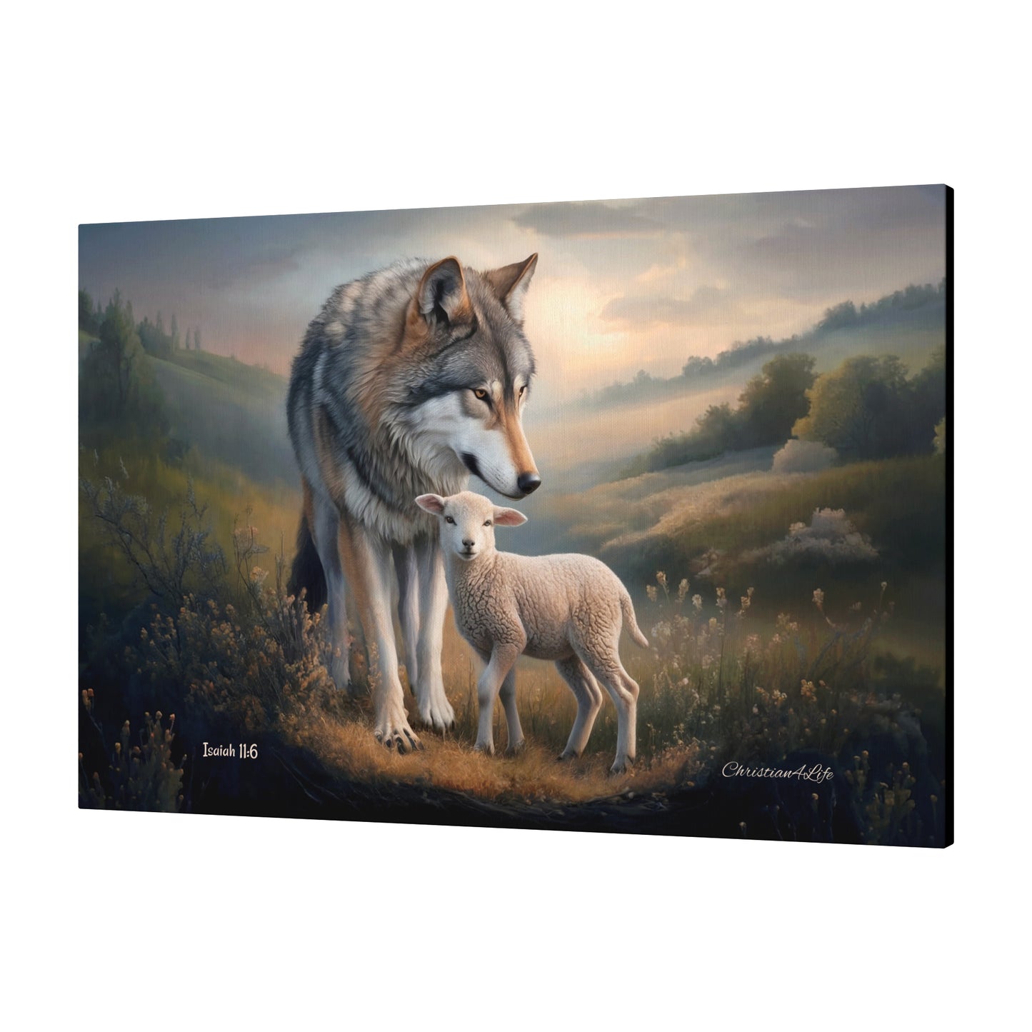 Painting of a wolf and a lamb standing together in a scenic landscape.