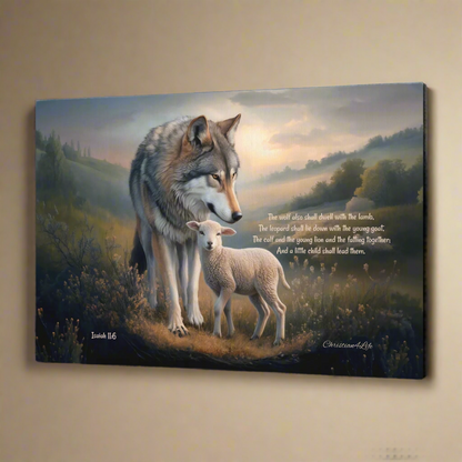 Wolf and Lamb, Christian Wall Art, Gallery Wrapped Canvas, with Isaiah 11:6 Quote