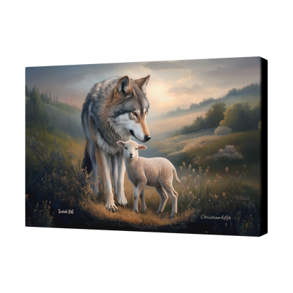 Painting of a wolf and a lamb standing together in a scenic landscape