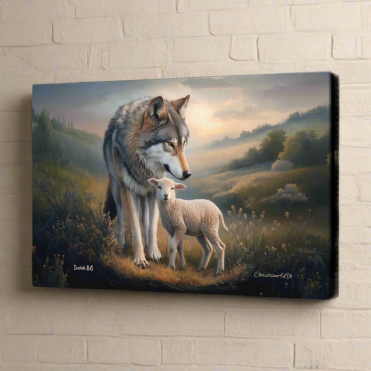 Painting of a wolf and a lamb standing together in a natural landscape on a brick wall.