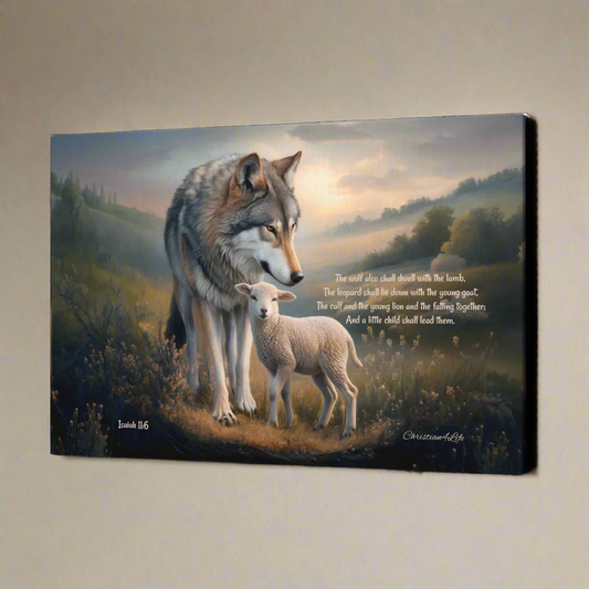 Wolf and Lamb, Christian Wall Art, Gallery Wrapped Canvas, with Isaiah 11:6 Quote