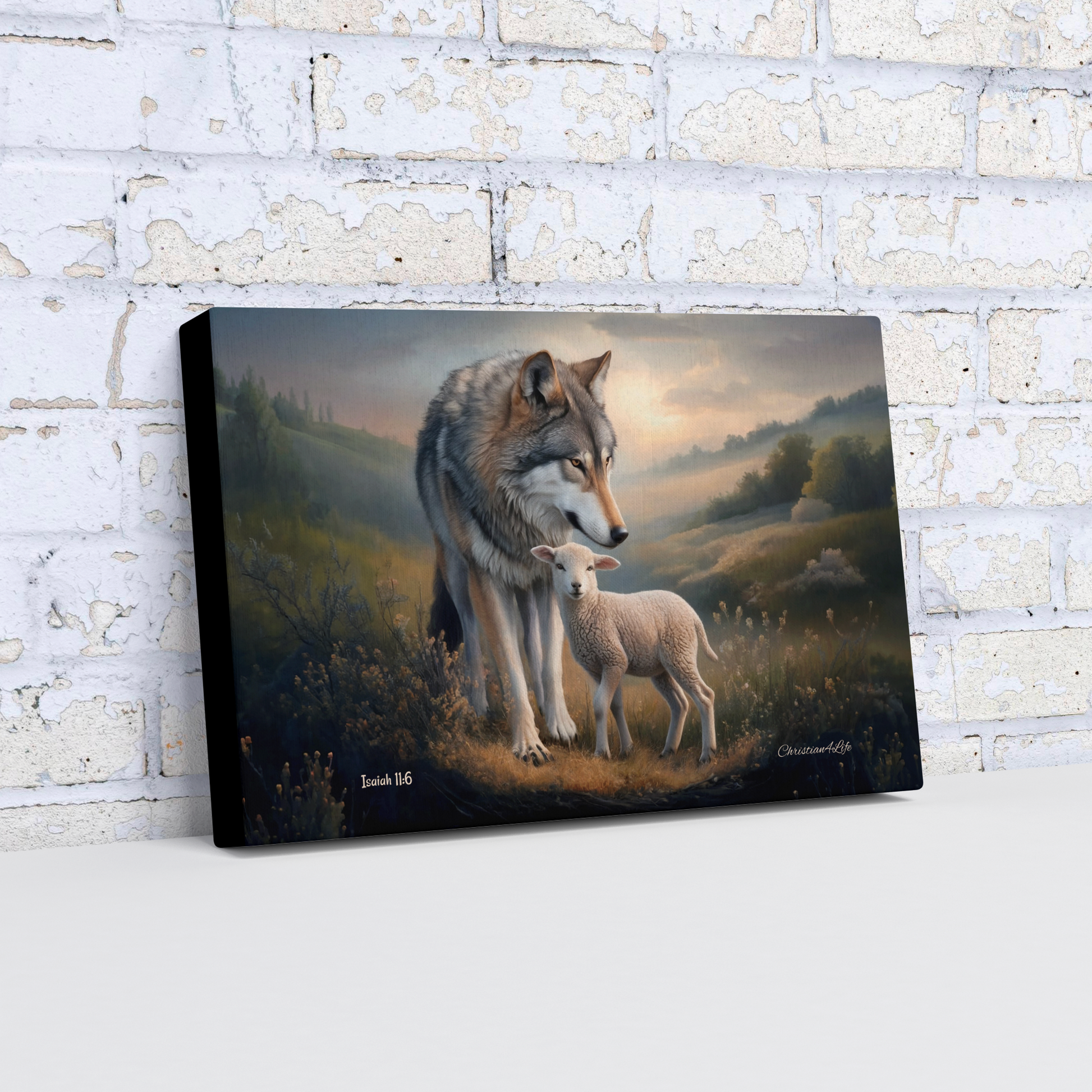 Canvas print of a wolf and lamb standing together in a scenic landscape, leaning against a brick wall.