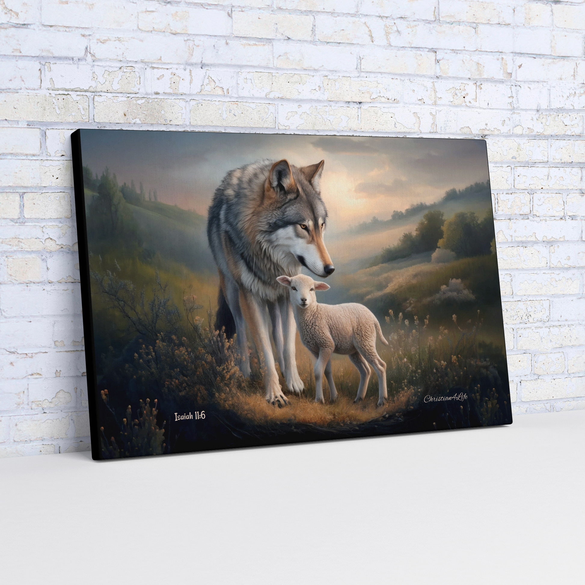 Canvas print of a wolf and lamb standing together in a scenic landscape, displayed on a white brick wall.