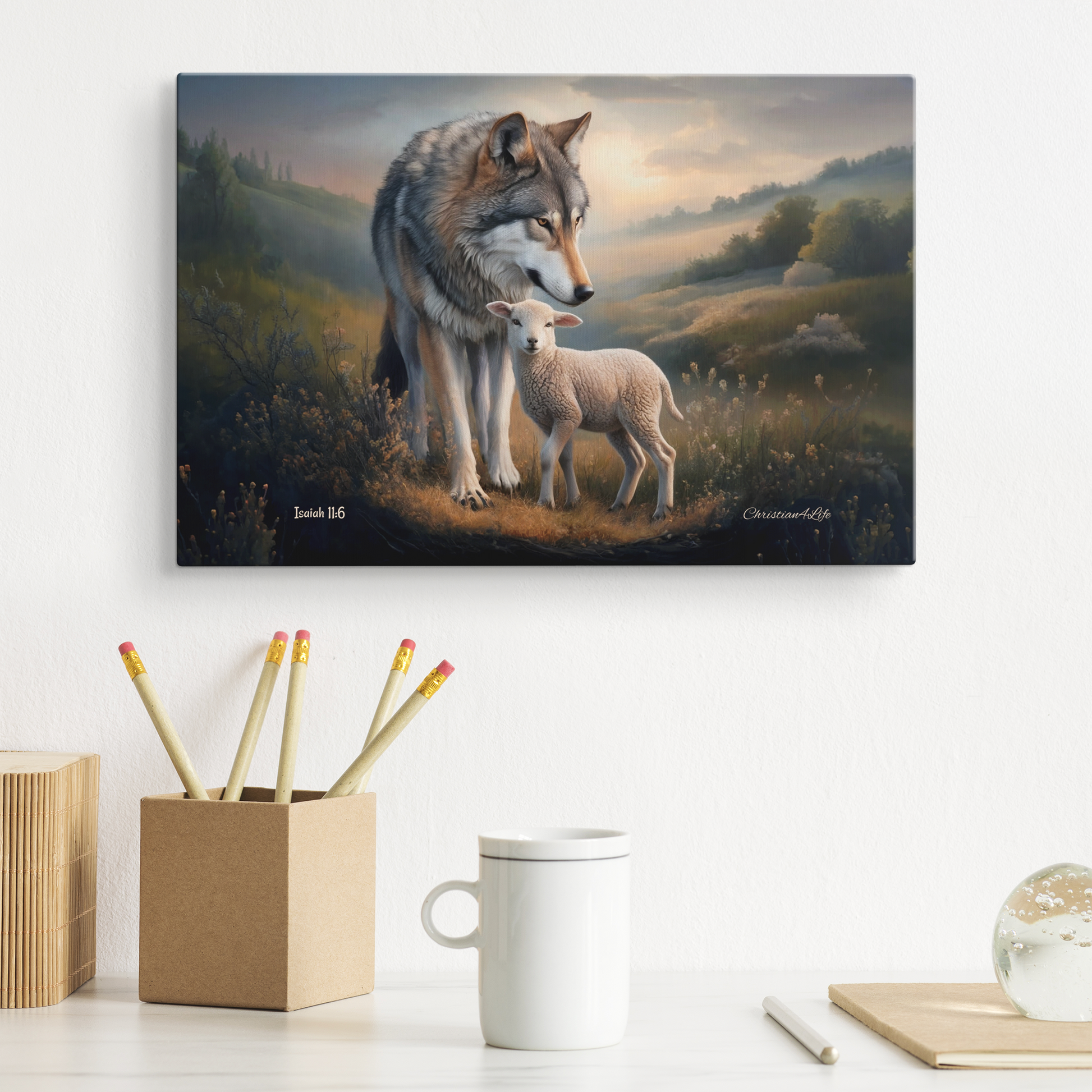 Canvas print of a wolf and lamb standing together in a field, displayed on a wall above a desk with stationery items.