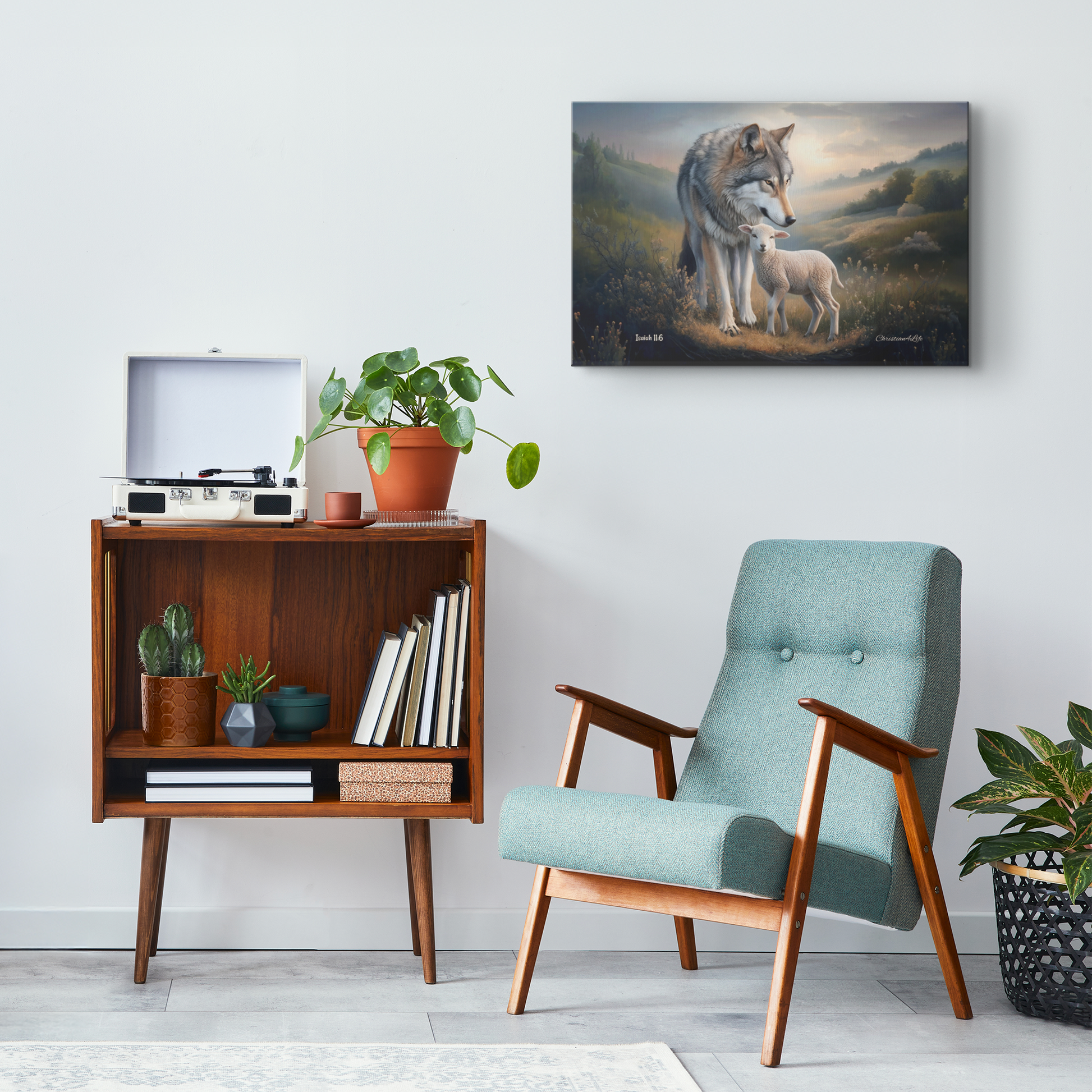 Modern living room with a teal armchair, wooden side table, and wolf and lamb painting on the wall.