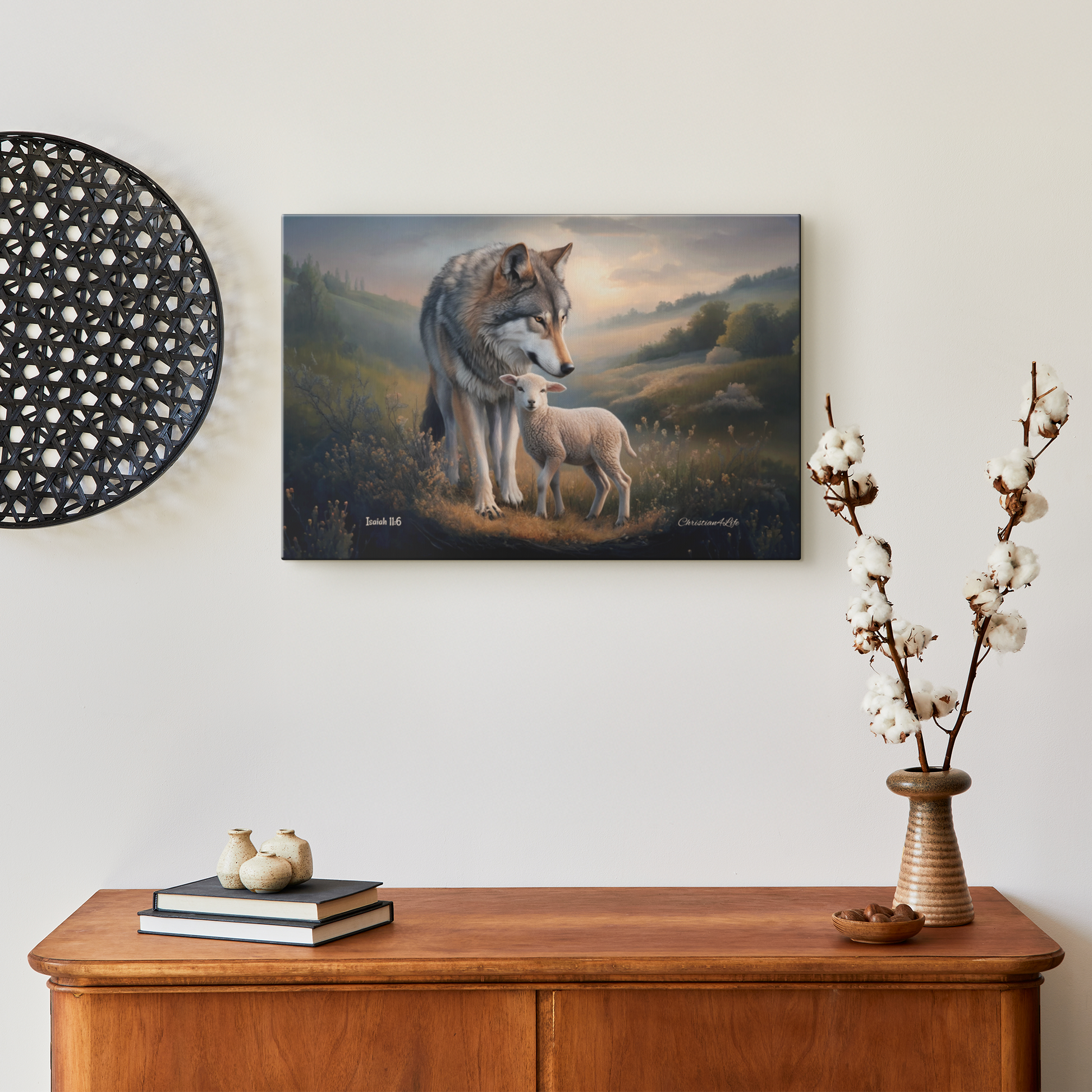 Framed artwork of a wolf and lamb on a wall above a wooden cabinet with decorative items.