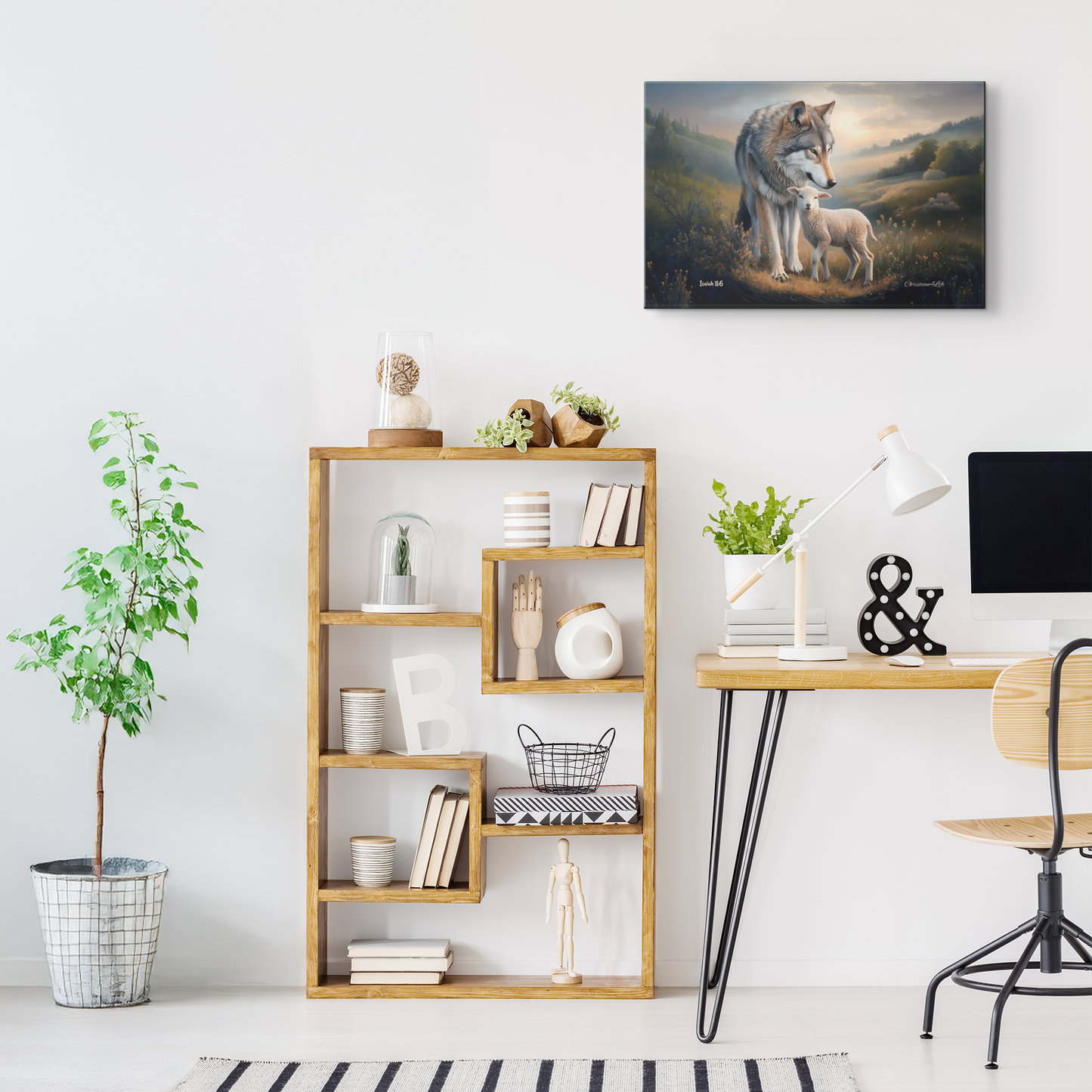 Modern home office with wooden bookshelf, desk, and wall art of a wolf and lamb