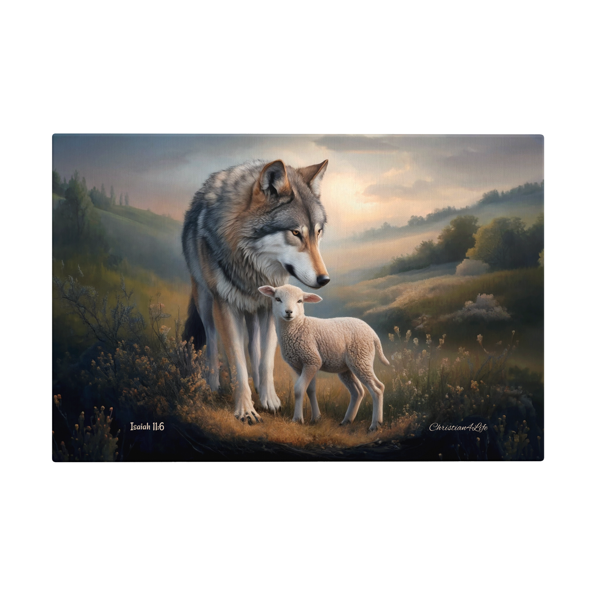 Painting of a wolf and a lamb standing together in a scenic landscape.
