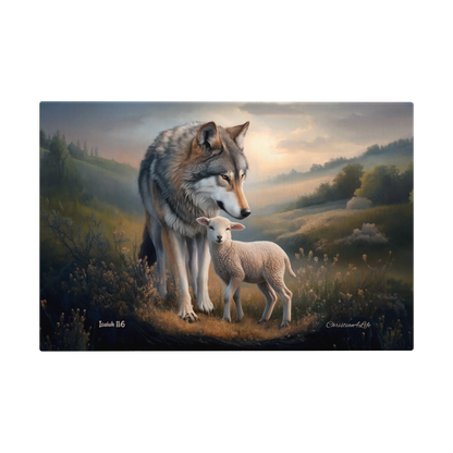 Painting of a wolf and a lamb standing together in a scenic landscape.