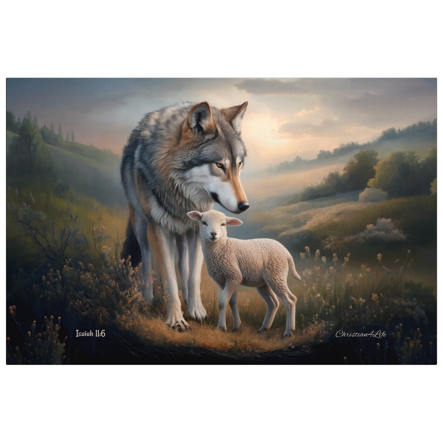 Wolf and lamb standing together in a scenic landscape with a mountainous background.