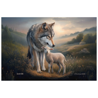 Wolf and lamb standing together in a scenic landscape with a mountainous background.