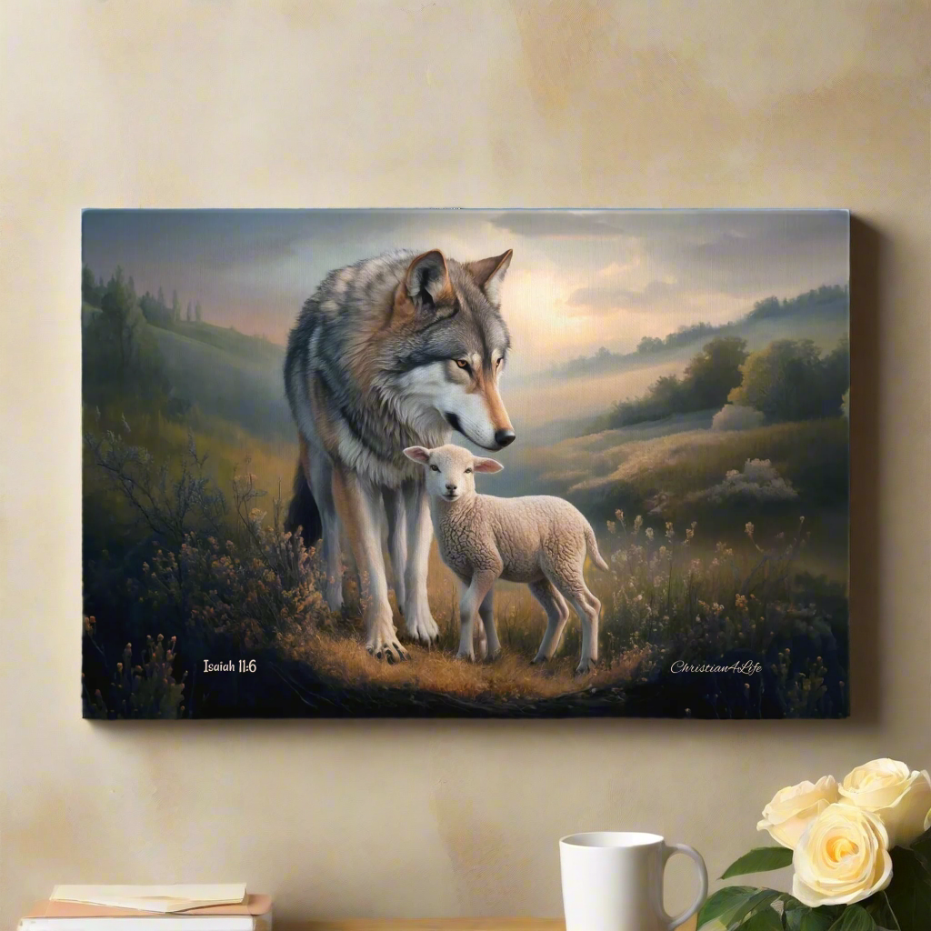 Painting of a wolf and a lamb standing together in a scenic landscape, displayed on a wall.