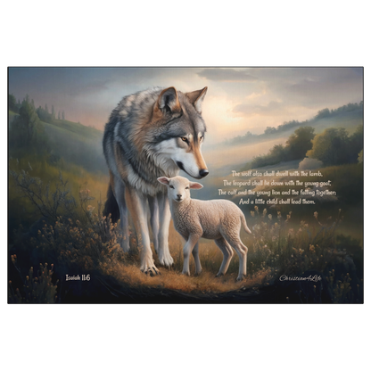 Wolf and Lamb, Christian Wall Art, Gallery Wrapped Canvas, with Isaiah 11:6 Quote