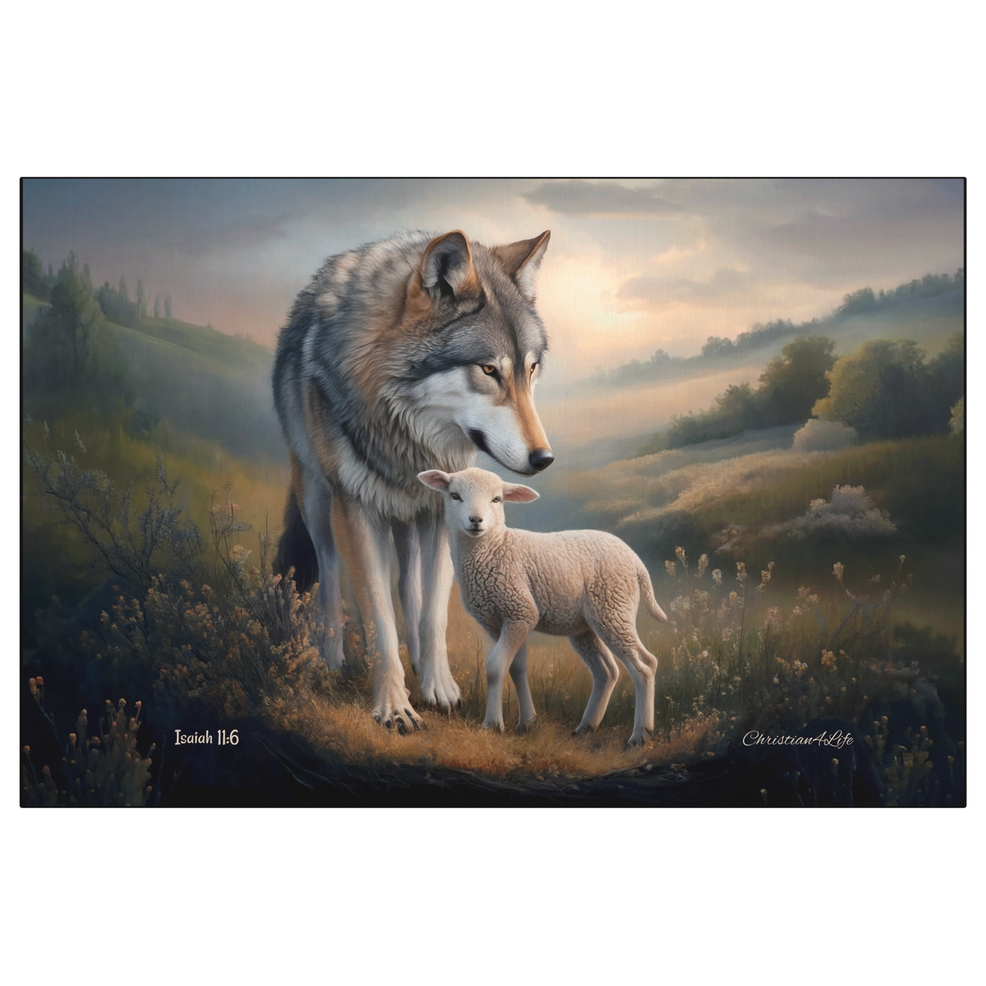 Painting of a wolf and a lamb standing together in a scenic landscape.