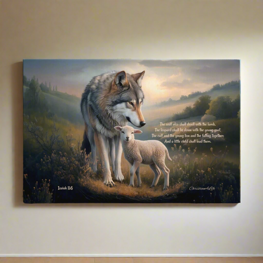Wolf and Lamb, Christian Wall Art, Gallery Wrapped Canvas, with Isaiah 11:6 Quote