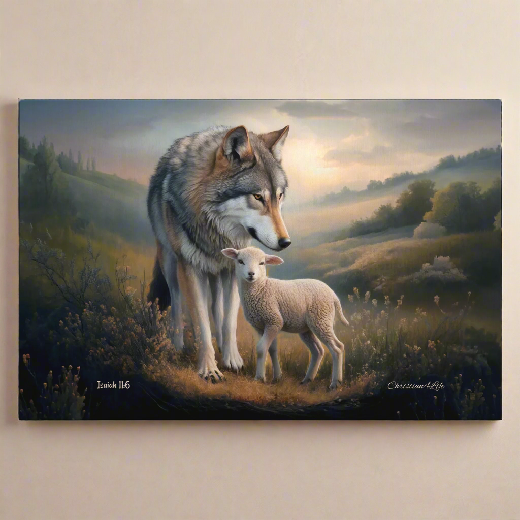 Painting of a wolf and a lamb standing together in a pastoral landscape.