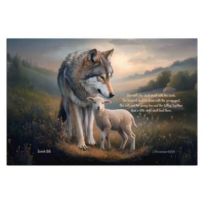 Wolf and Lamb, Christian Wall Art, Gallery Wrapped Canvas, with Isaiah 11:6 Quote