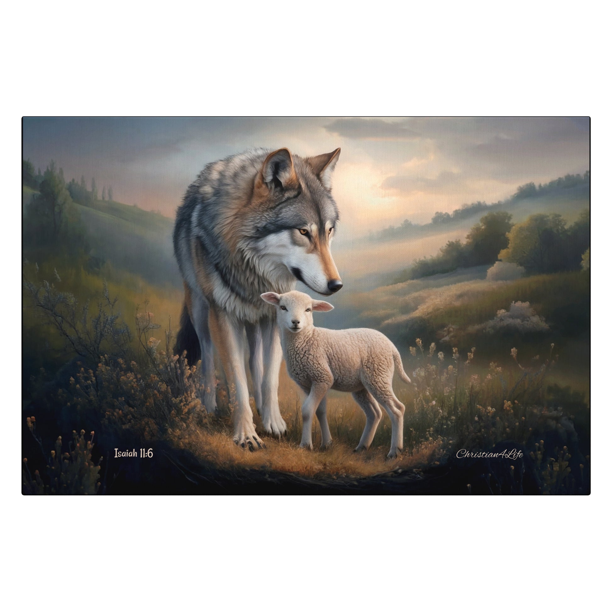 Painting of a wolf and a lamb standing together in a scenic landscape.