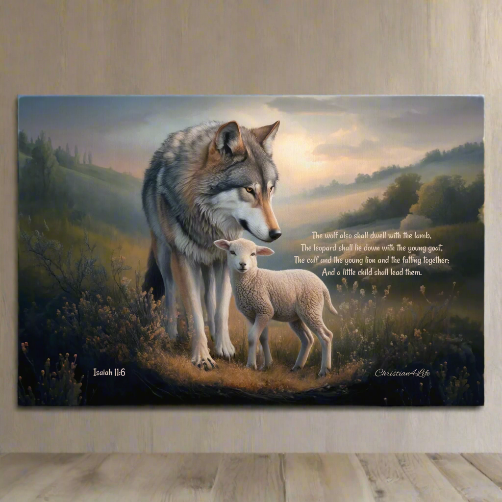 Wolf and Lamb, Christian Wall Art, Gallery Wrapped Canvas, with Isaiah 11:6 Quote