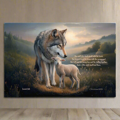 Wolf and Lamb, Christian Wall Art, Gallery Wrapped Canvas, with Isaiah 11:6 Quote