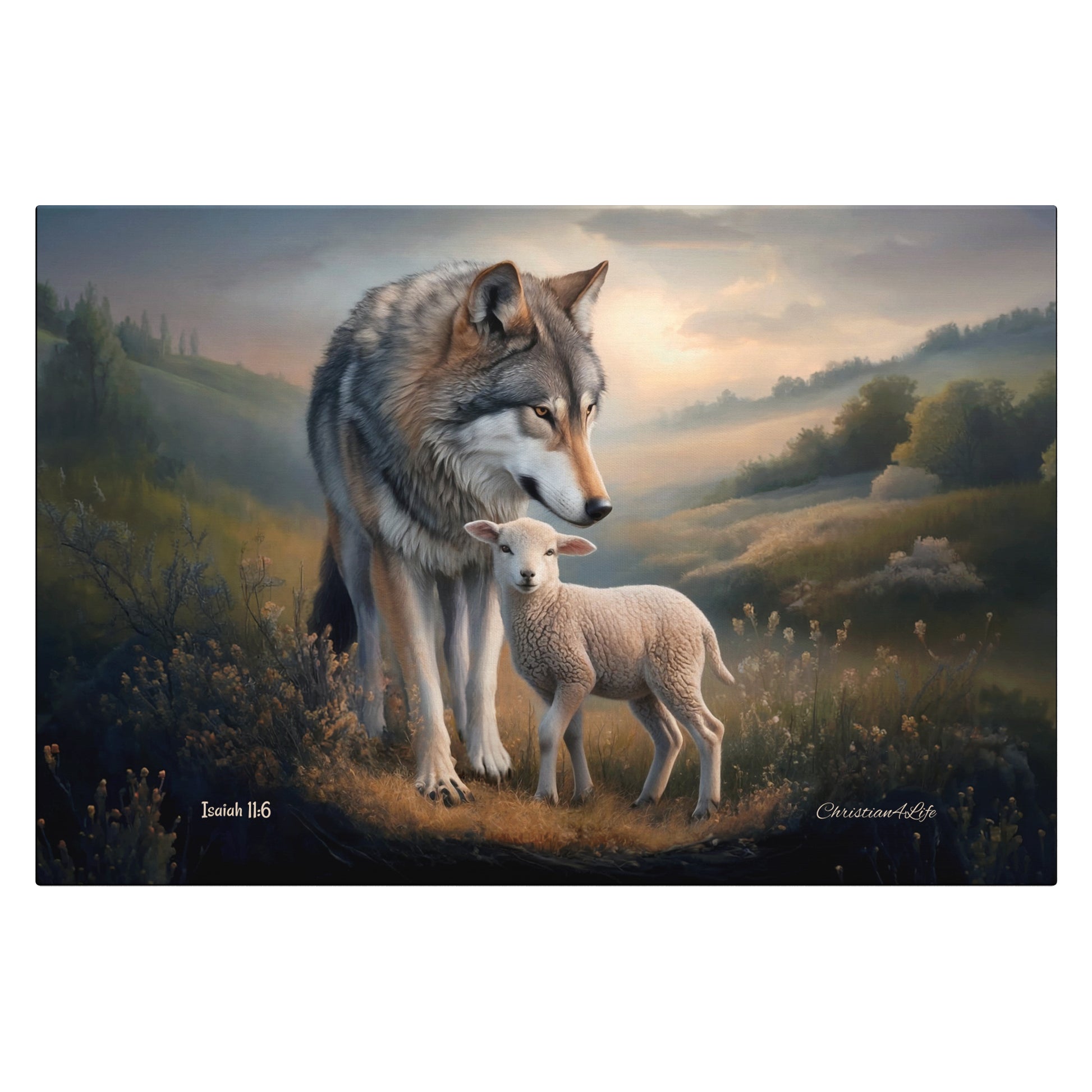 Painting of a wolf and a lamb standing together in a scenic landscape.