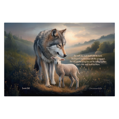 Wolf and Lamb, Christian Wall Art, Gallery Wrapped Canvas, with Isaiah 11:6 Quote