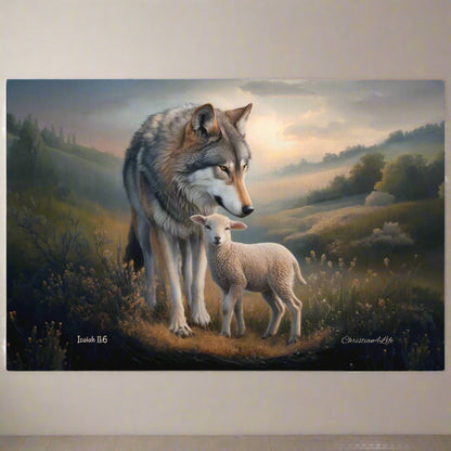 Wolf and lamb standing together in a scenic landscape