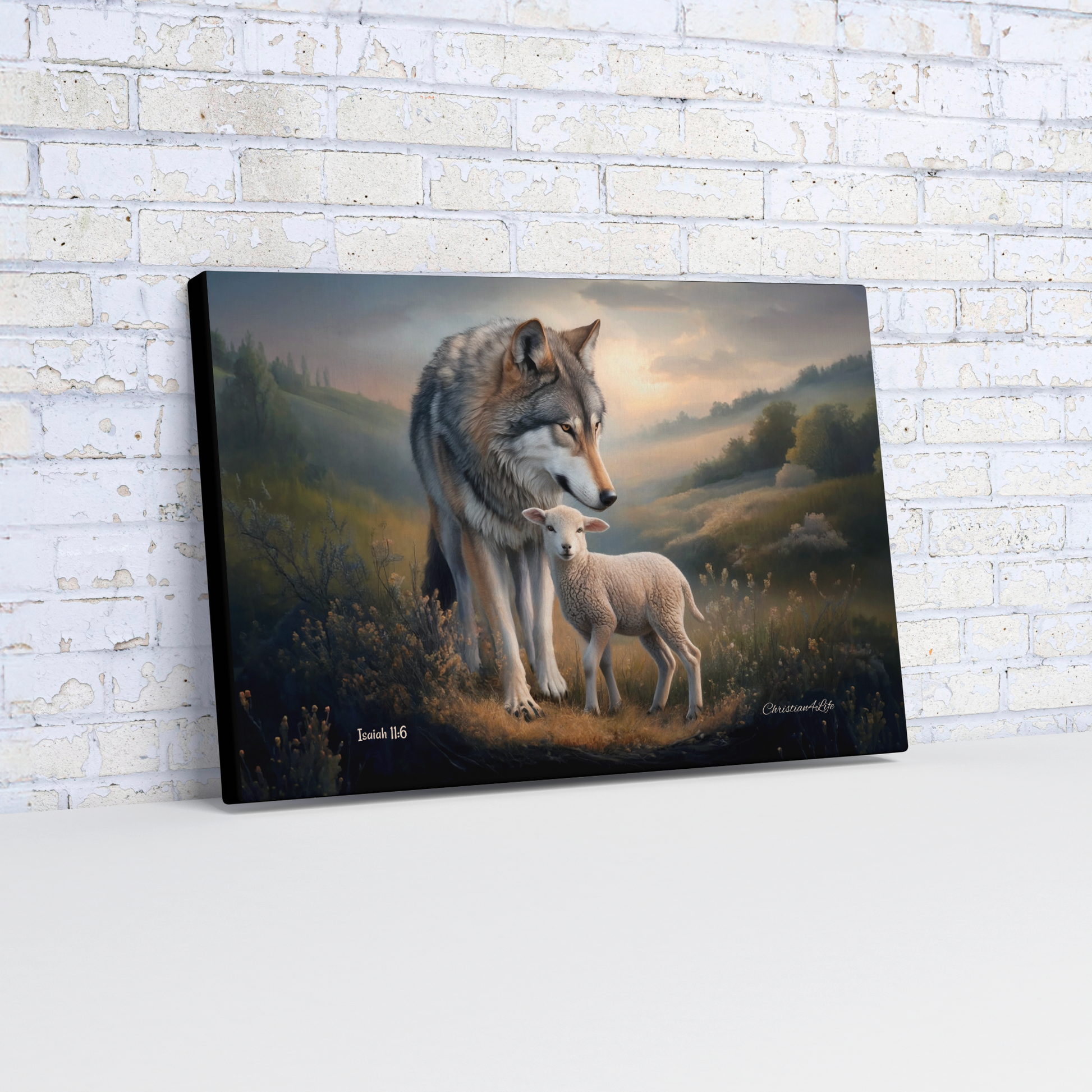 Canvas print of a wolf and lamb standing together in a scenic landscape, displayed on a white brick wall.