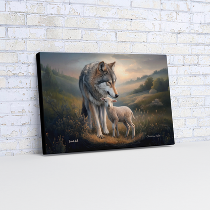 Canvas print of a wolf and lamb standing together in a scenic landscape, displayed on a white brick wall.