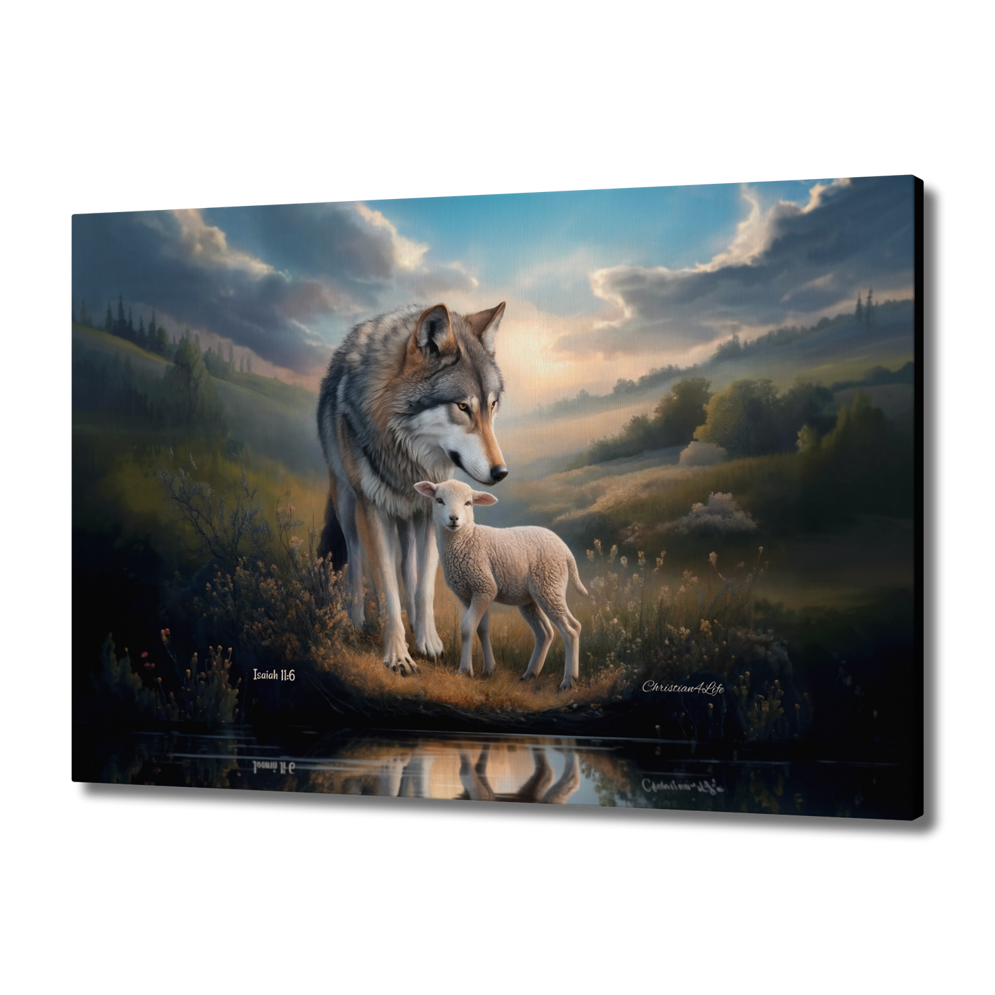 Wolf and Lamb Reflection, Christian Wall Art, Gallery Wrapped Canvas, Isaiah 11:6