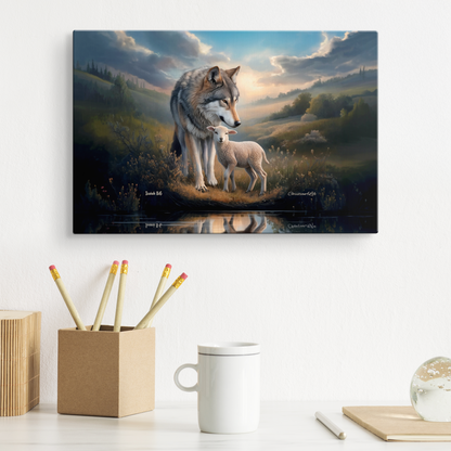 Wolf and Lamb Reflection, Christian Wall Art, Gallery Wrapped Canvas, Isaiah 11:6