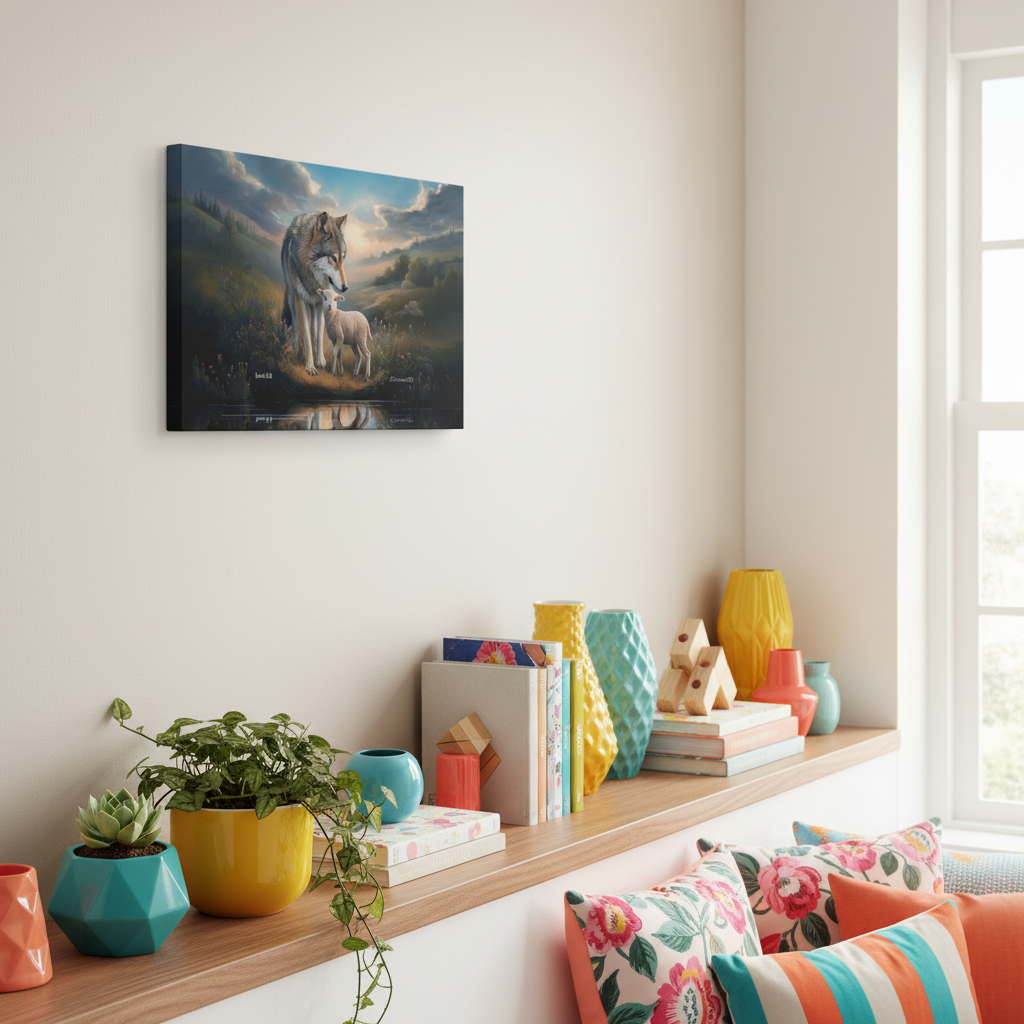 Wolf and Lamb Reflection, Christian Wall Art, Gallery Wrapped Canvas, Isaiah 11:6