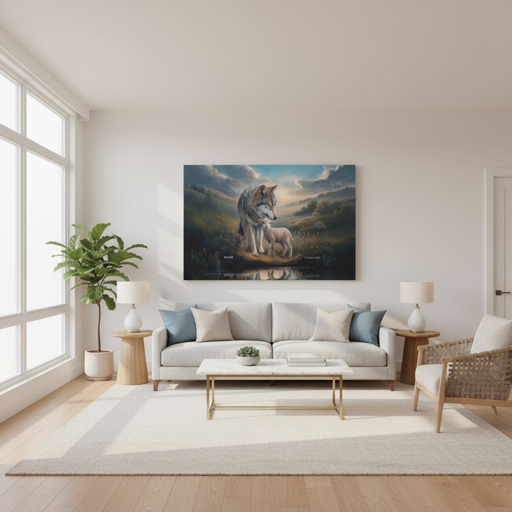 Wolf and Lamb Reflection, Christian Wall Art, Gallery Wrapped Canvas, Isaiah 11:6