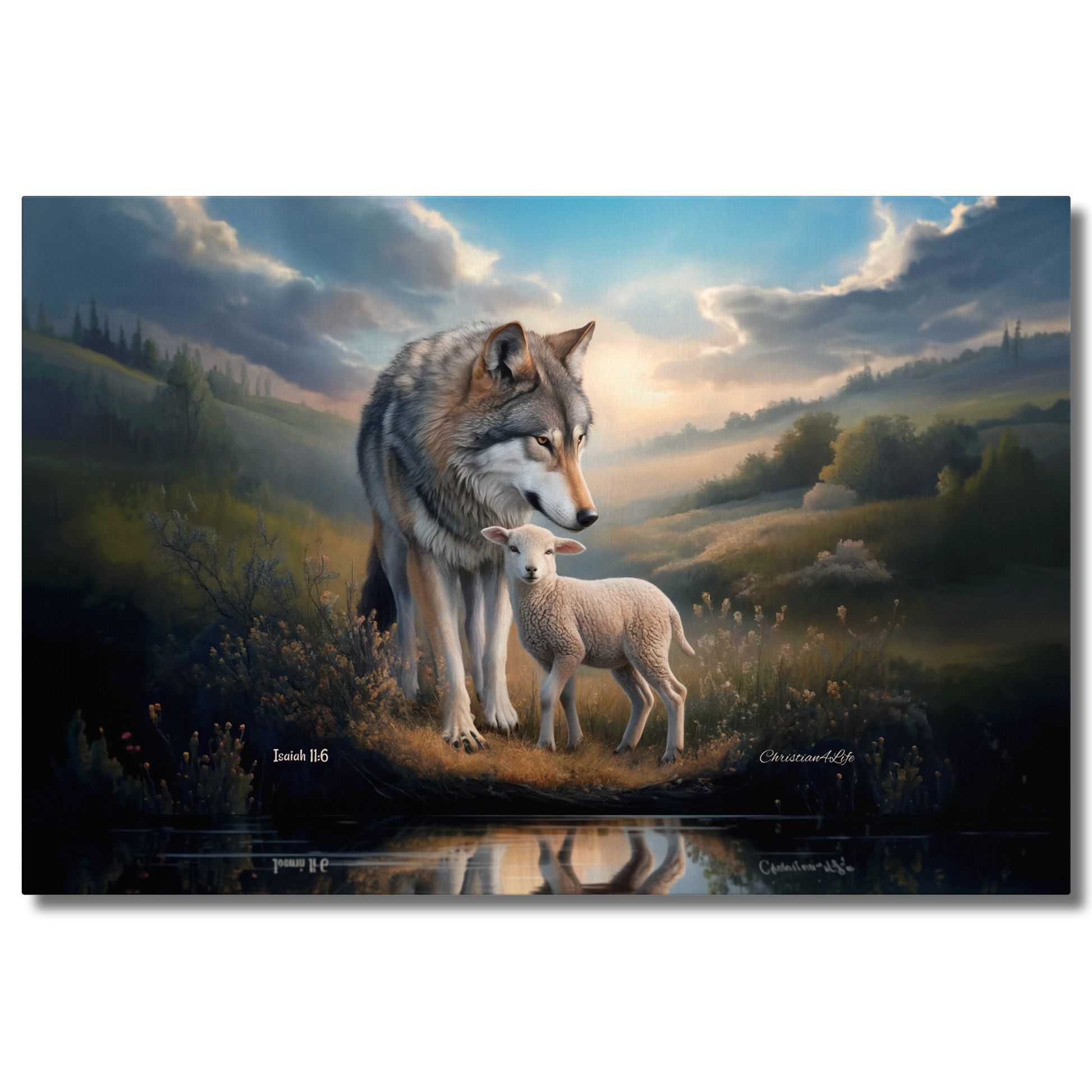 Painting of a wolf and a lamb standing together in a scenic landscape.