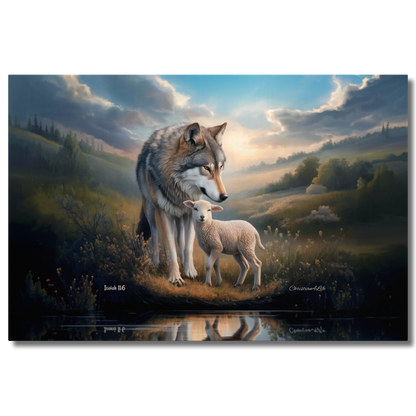 Painting of a wolf and a lamb standing together in a scenic landscape.