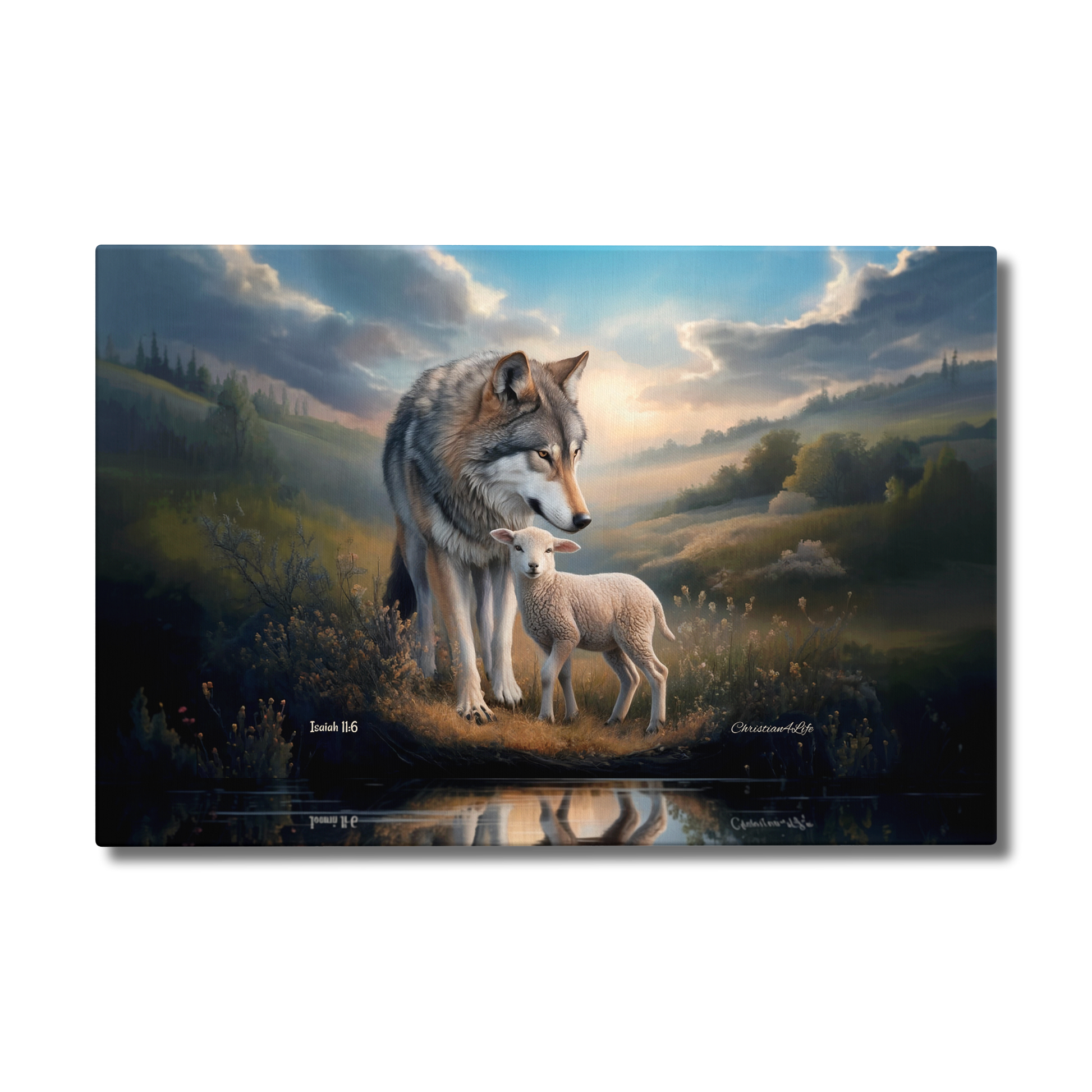 Painting of a wolf and a lamb standing together in a scenic landscape.