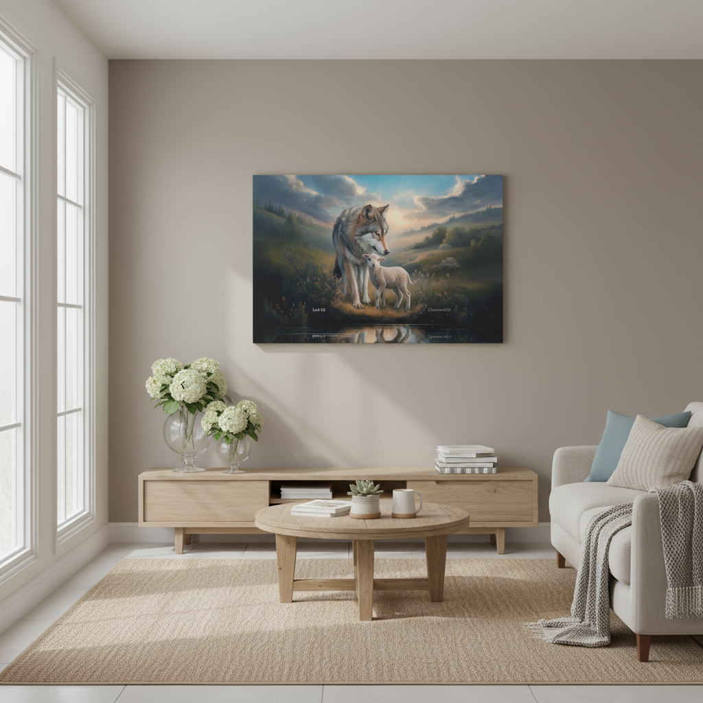 Wolf and Lamb Reflection, Christian Wall Art, Gallery Wrapped Canvas, Isaiah 11:6