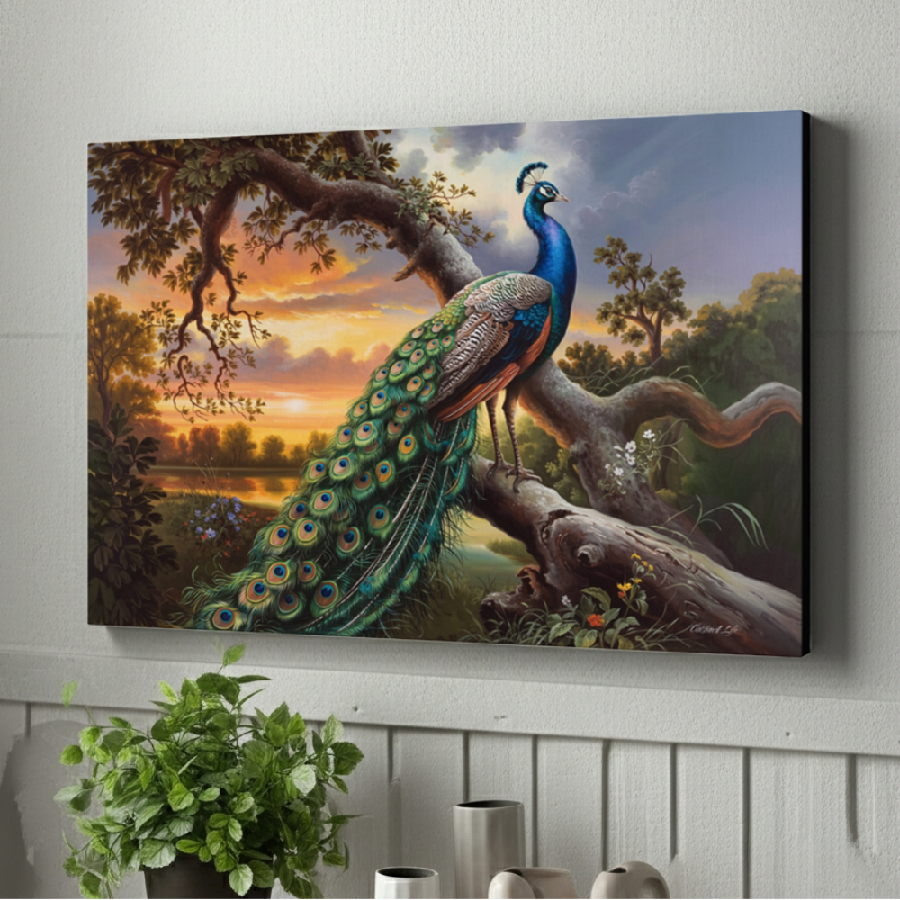 Canvas print of a peacock on a branch with a sunset landscape, displayed on a wall.