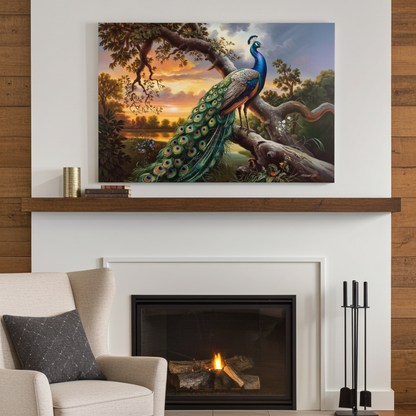 Peacock painting above a fireplace in a living room setting