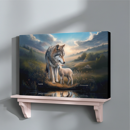 Wolf and Lamb Reflection, Christian Wall Art, Gallery Wrapped Canvas, Isaiah 11:6