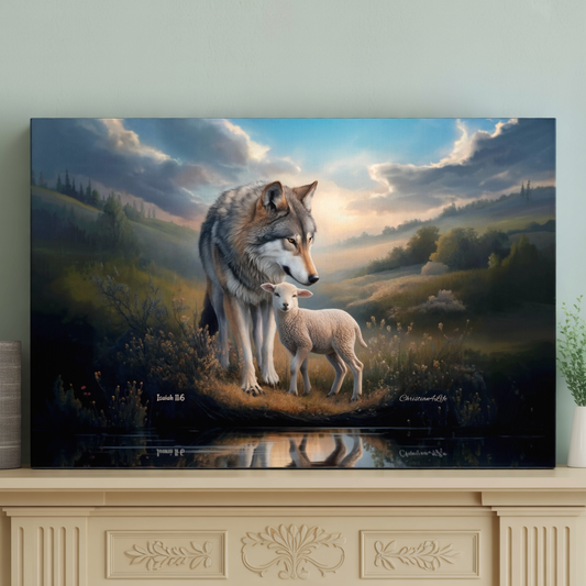 Wolf and Lamb Reflection, Christian Wall Art, Gallery Wrapped Canvas, Isaiah 11:6