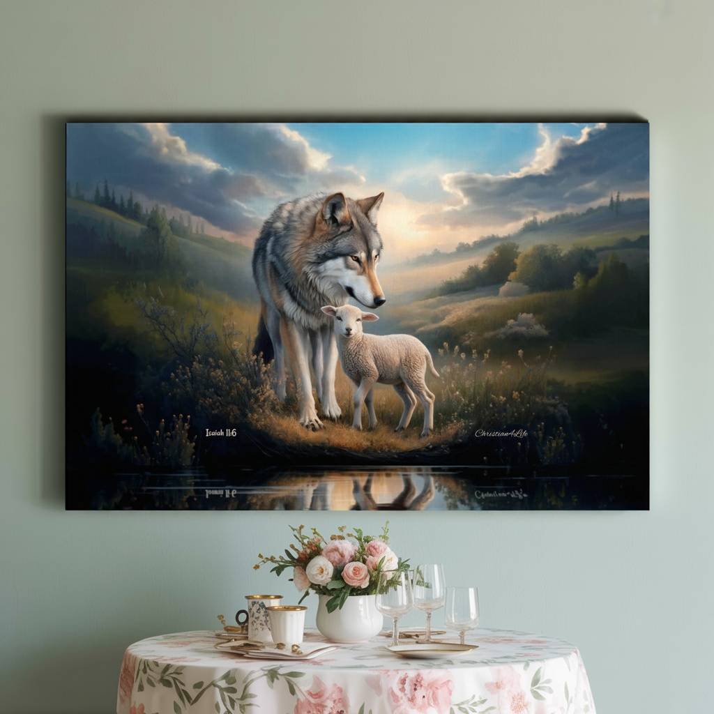 Wolf and Lamb Reflection, Christian Wall Art, Gallery Wrapped Canvas, Isaiah 11:6