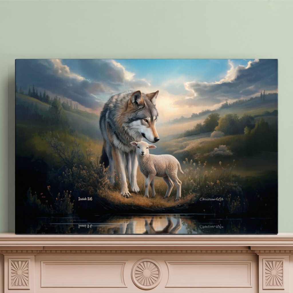 Wolf and Lamb Reflection, Christian Wall Art, Gallery Wrapped Canvas, Isaiah 11:6