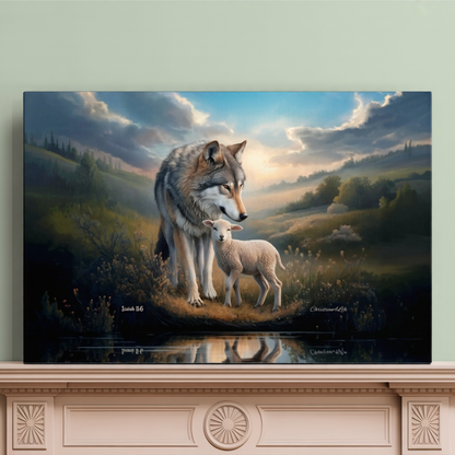 Wolf and Lamb Reflection, Christian Wall Art, Gallery Wrapped Canvas, Isaiah 11:6