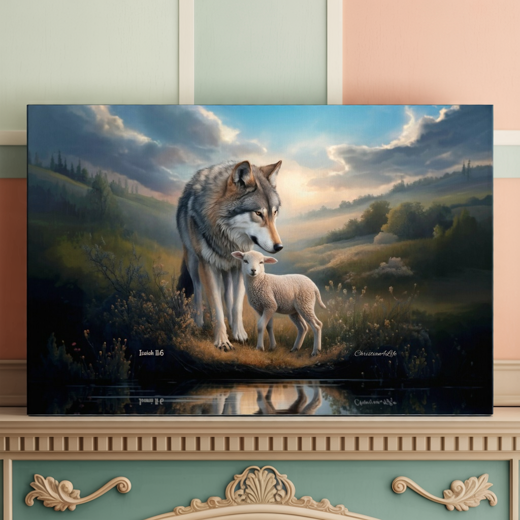 Wolf and Lamb Reflection, Christian Wall Art, Gallery Wrapped Canvas, Isaiah 11:6