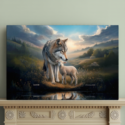 Wolf and Lamb Reflection, Christian Wall Art, Gallery Wrapped Canvas, Isaiah 11:6