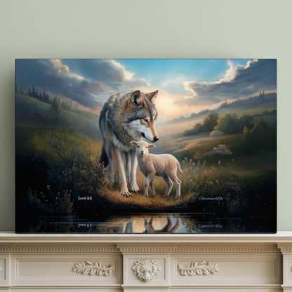 Wolf and Lamb Reflection, Christian Wall Art, Gallery Wrapped Canvas, Isaiah 11:6