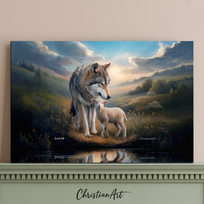 Wolf and Lamb Reflection, Christian Wall Art, Gallery Wrapped Canvas, Isaiah 11:6