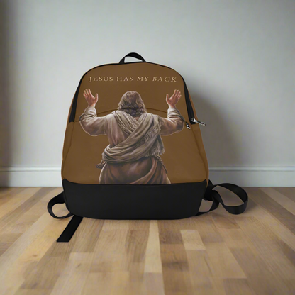 "Jesus Has My Back" Graphic design Christian Backpack (Choose Brown Shade)